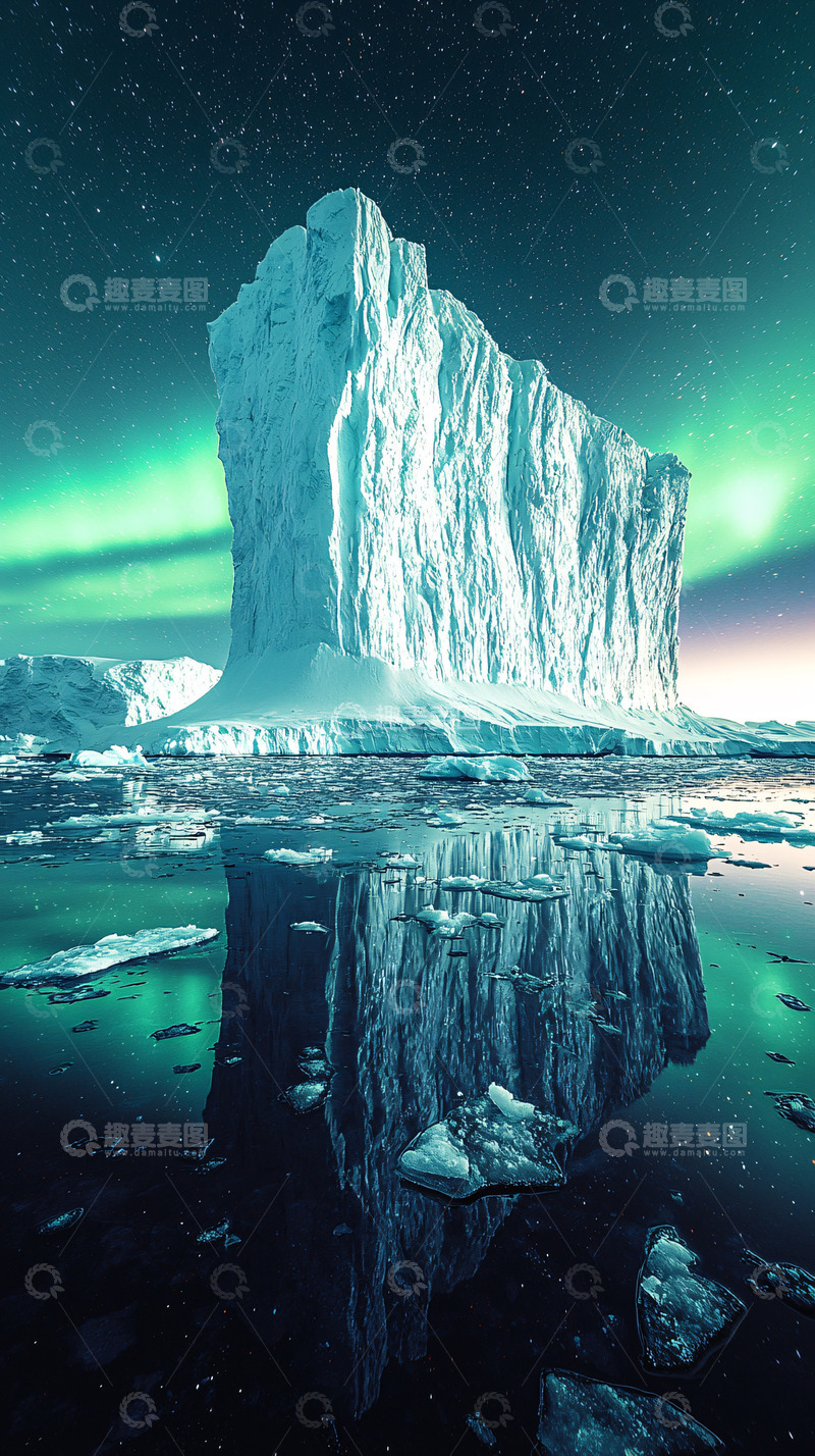 高清大图下载【趣麦麦图】壮观冰山倒影在极光下的夜空