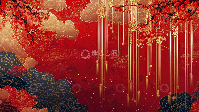 高清大图下载【趣麦麦图】红金色祥云樱花背景图