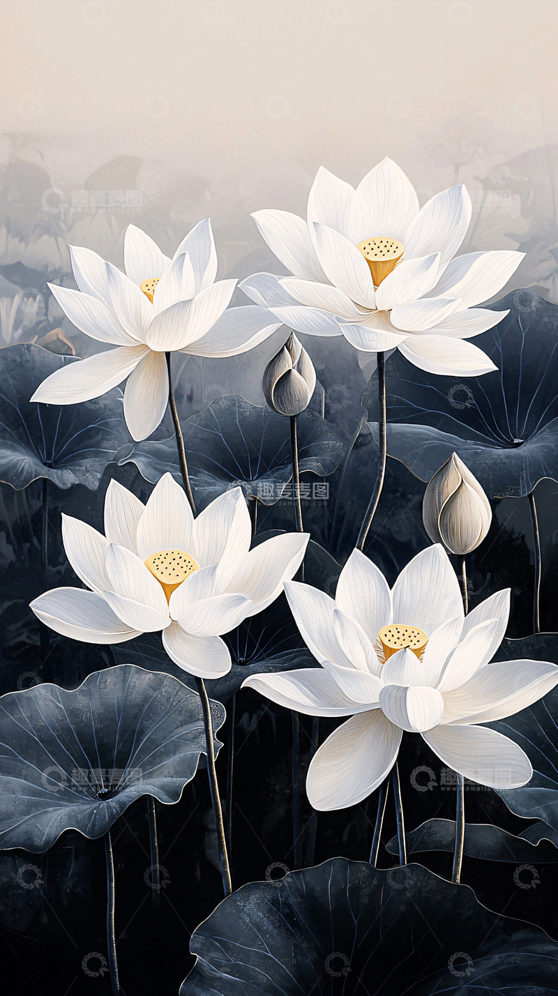 高清大图下载【趣麦麦图】水墨白莲花