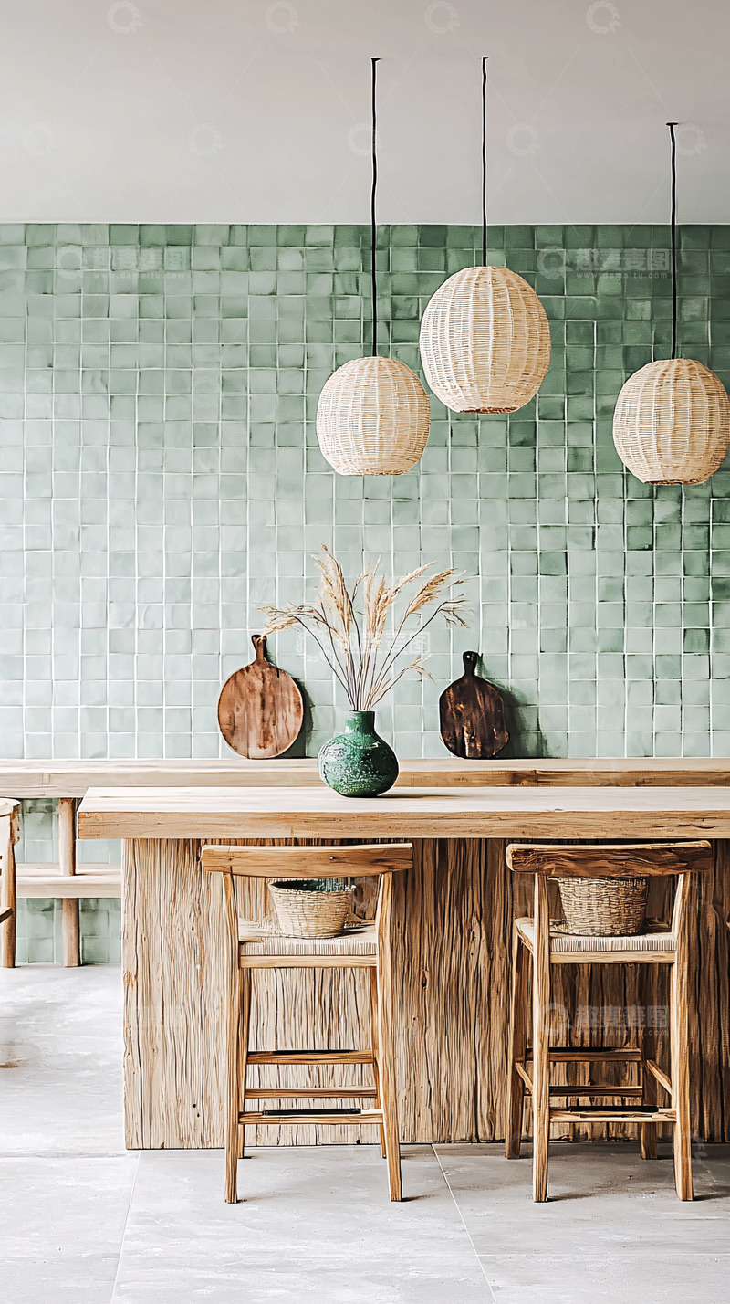 高清大图下载【趣麦麦图】绿墙木质餐桌吊灯