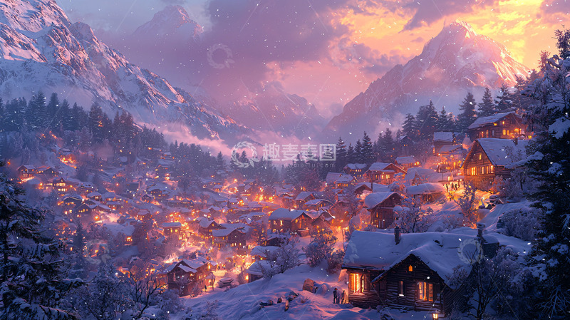 高清大图下载【趣麦麦图】雪山小镇夜景