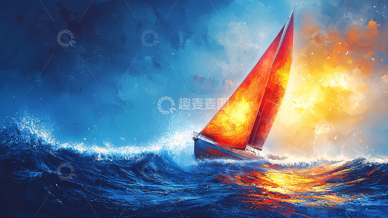 高清大图下载【趣麦麦图】海浪中航行的红色帆船