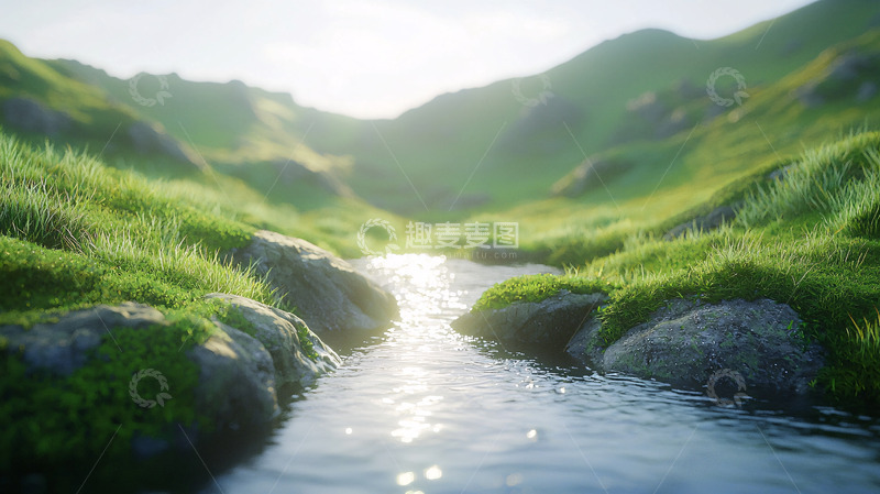 高清大图下载【趣麦麦图】阳光下的绿草山谷溪流