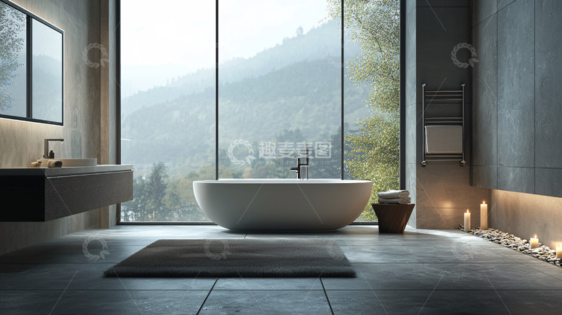高清大图下载【趣麦麦图】极简风格落地窗浴室