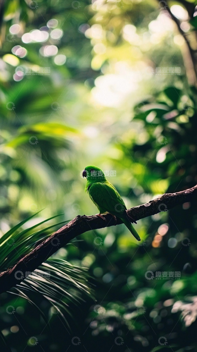 高清大图下载【趣麦麦图】绿鹦鹉栖息树枝