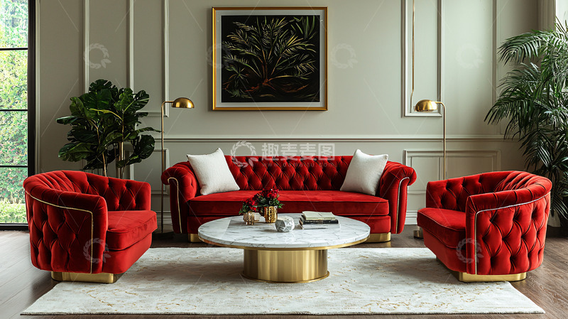 高清大图下载【趣麦麦图】红色丝绒沙发套装