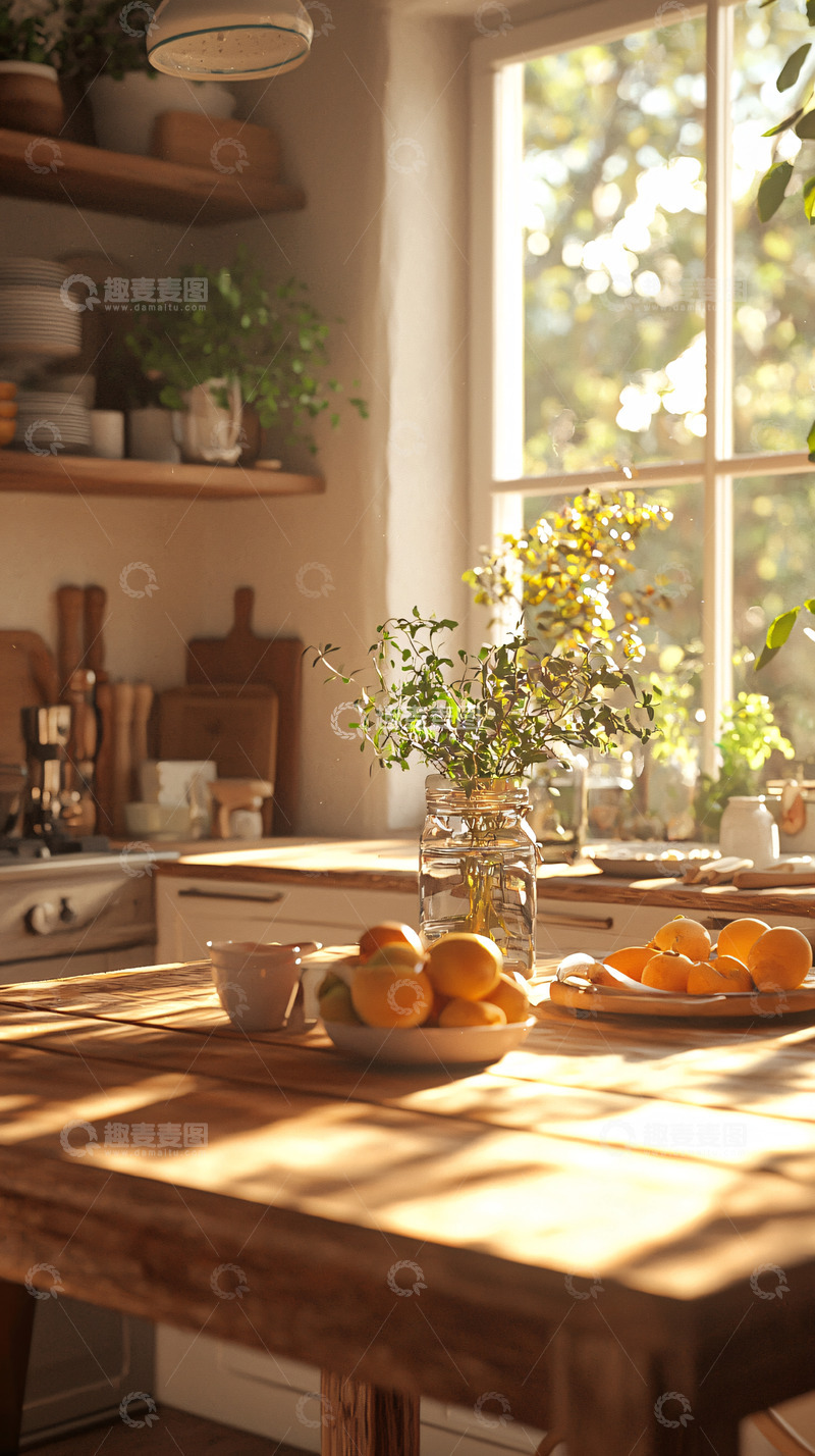 高清大图下载【趣麦麦图】阳光洒进厨房的温暖场景