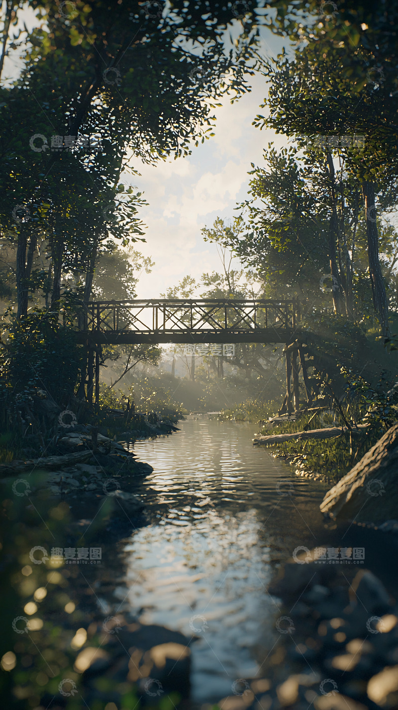 高清大图下载【趣麦麦图】森林小溪木桥