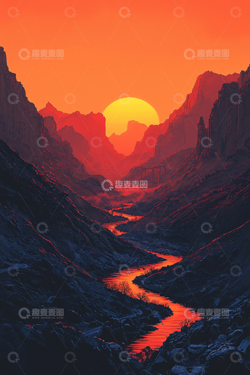 高清大图下载【趣麦麦图】峡谷日落河流