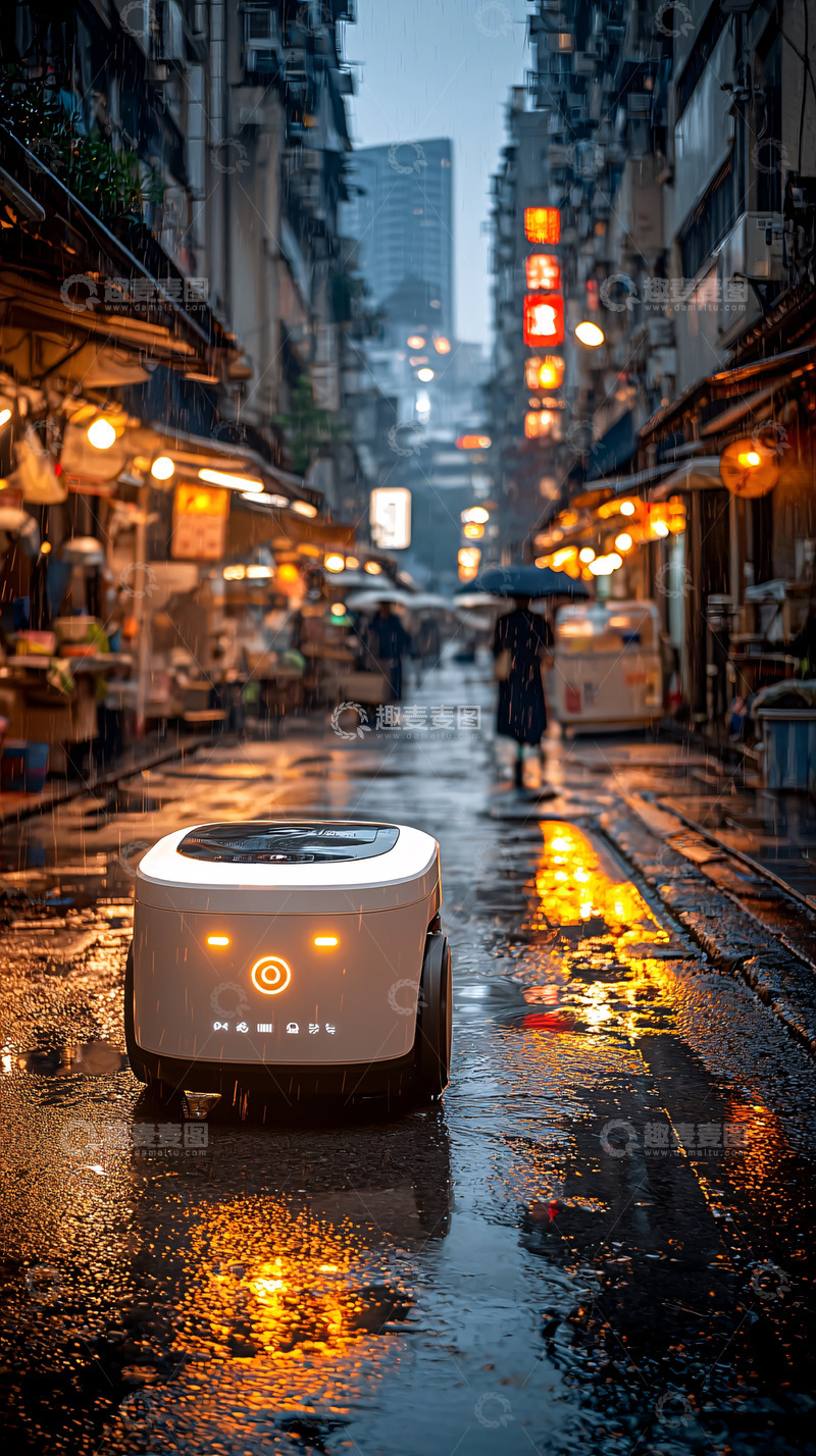 高清大图下载【趣麦麦图】雨夜香港街道送货机器人