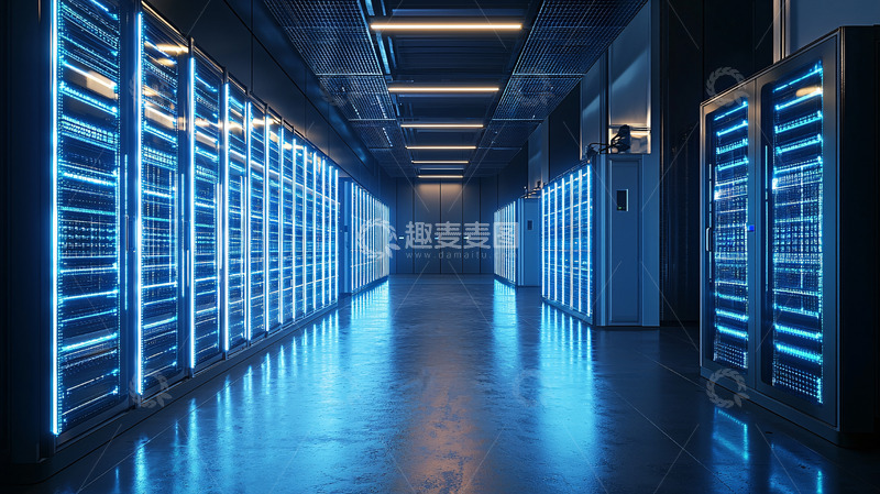 高清大图下载【趣麦麦图】蓝色灯光服务器机房走廊