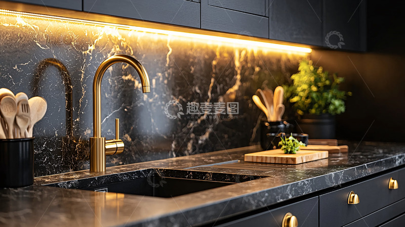 高清大图下载【趣麦麦图】黑色大理石厨房台面
