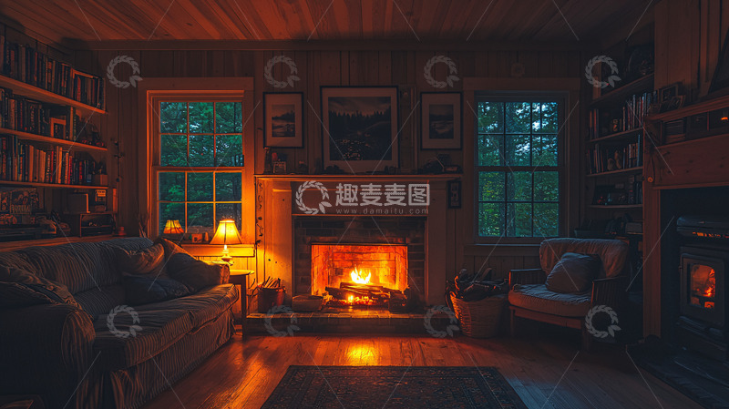 高清大图下载【趣麦麦图】温暖舒适的壁炉客厅