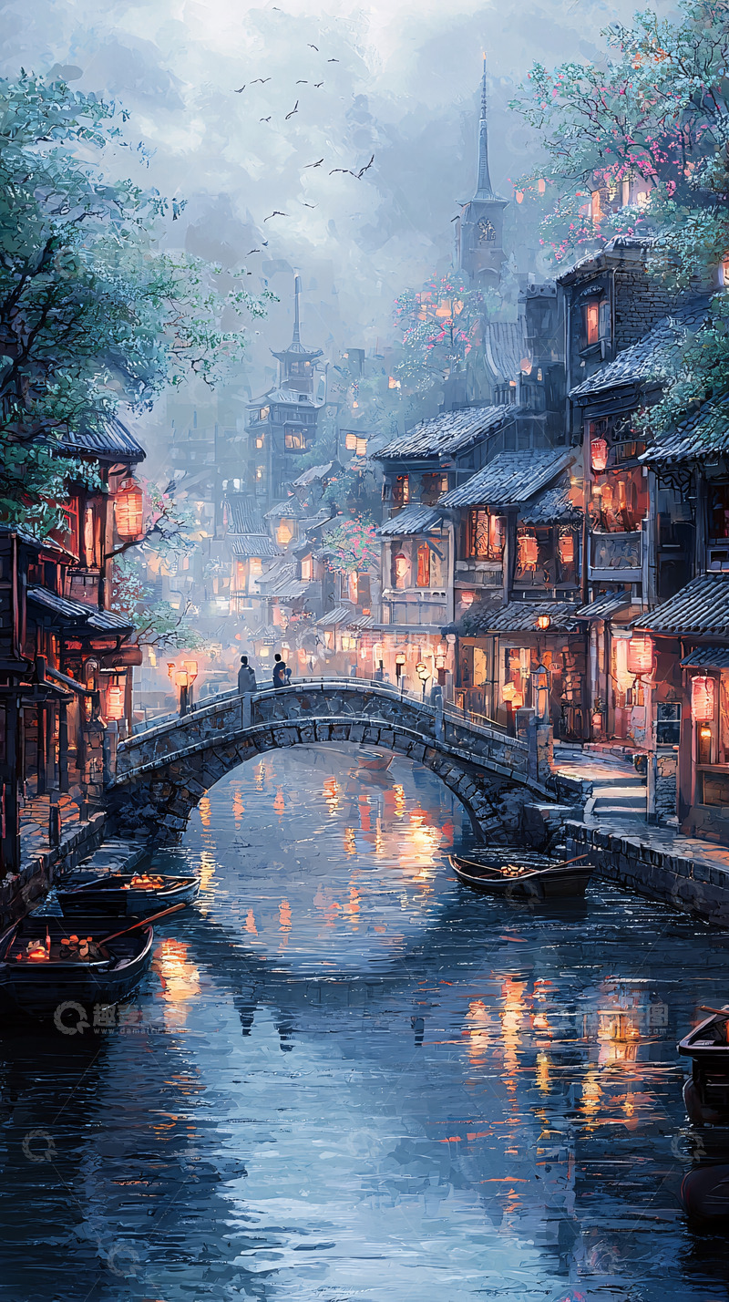 高清大图下载【趣麦麦图】水墨江南古镇夜景