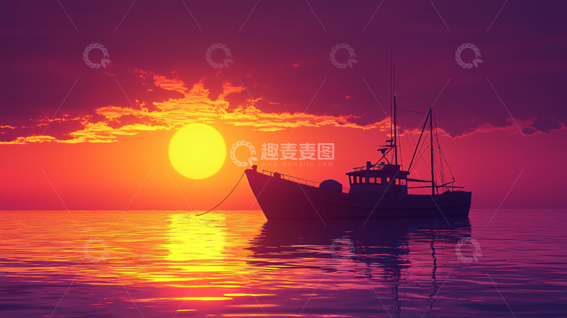 高清大图下载【趣麦麦图】夕阳西下渔船归港