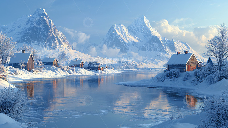 高清大图下载【趣麦麦图】雪山下的木屋村庄
