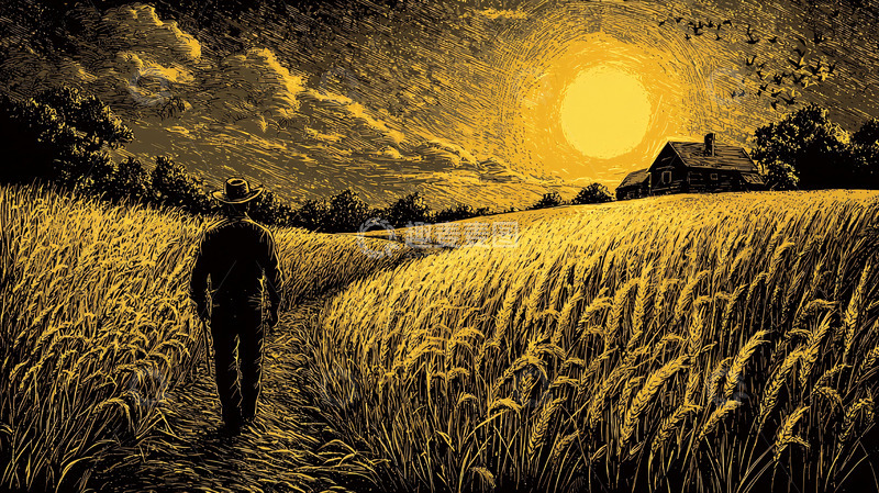 高清大图下载【趣麦麦图】黄昏麦田孤独行者