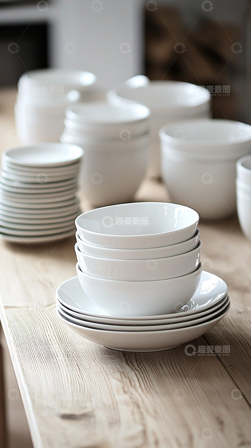 高清大图下载【趣麦麦图】白色陶瓷餐具摆放在木质桌面上