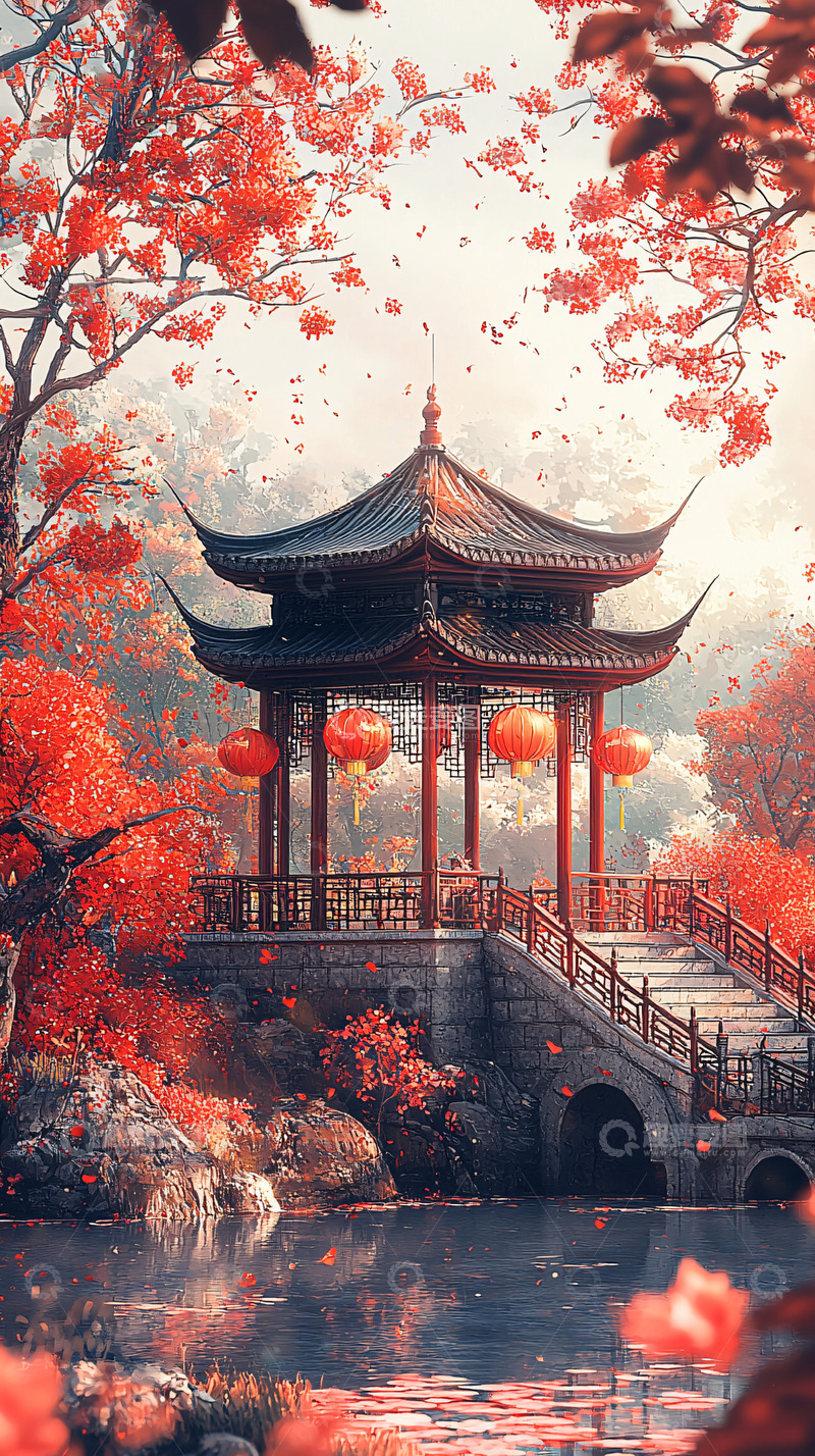 高清大图下载【趣麦麦图】秋色红叶下的中式亭台