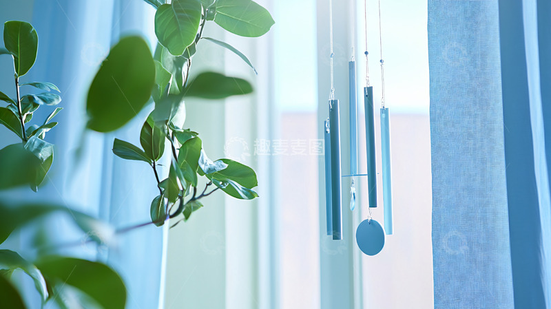 高清大图下载【趣麦麦图】窗边植物与风铃