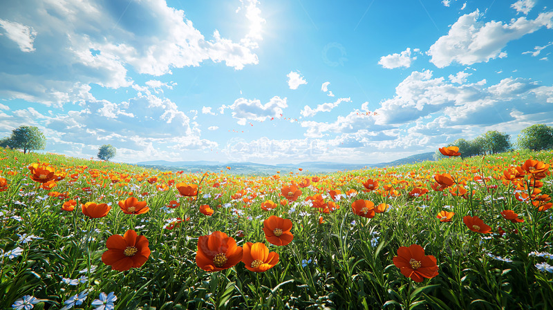 高清大图下载【趣麦麦图】阳光明媚的橙色罂粟花田