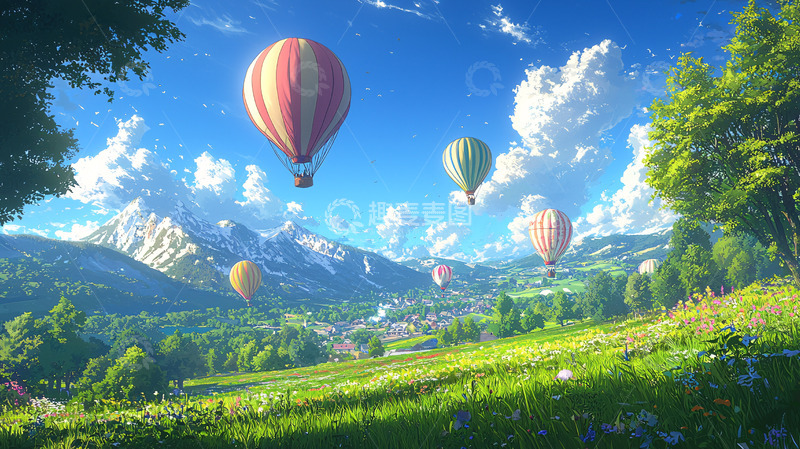 高清大图下载【趣麦麦图】热气球飞跃山谷