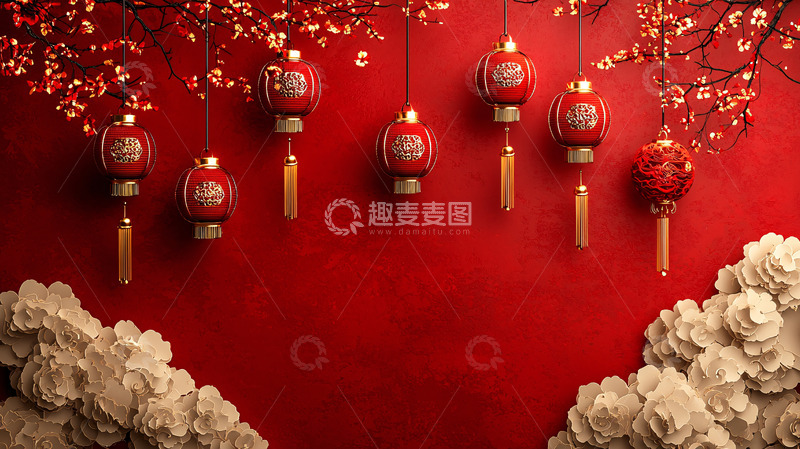 高清大图下载【趣麦麦图】红色背景中式灯笼