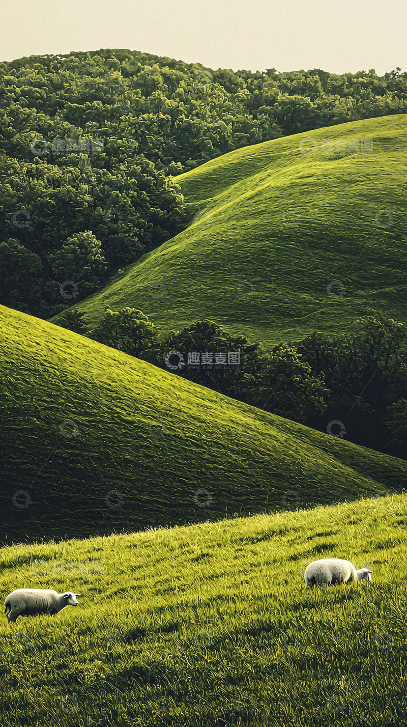 高清大图下载【趣麦麦图】绿油油的丘陵和吃草的羊