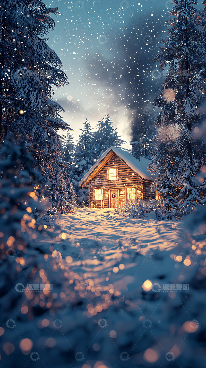 高清大图下载【趣麦麦图】雪夜森林小屋
