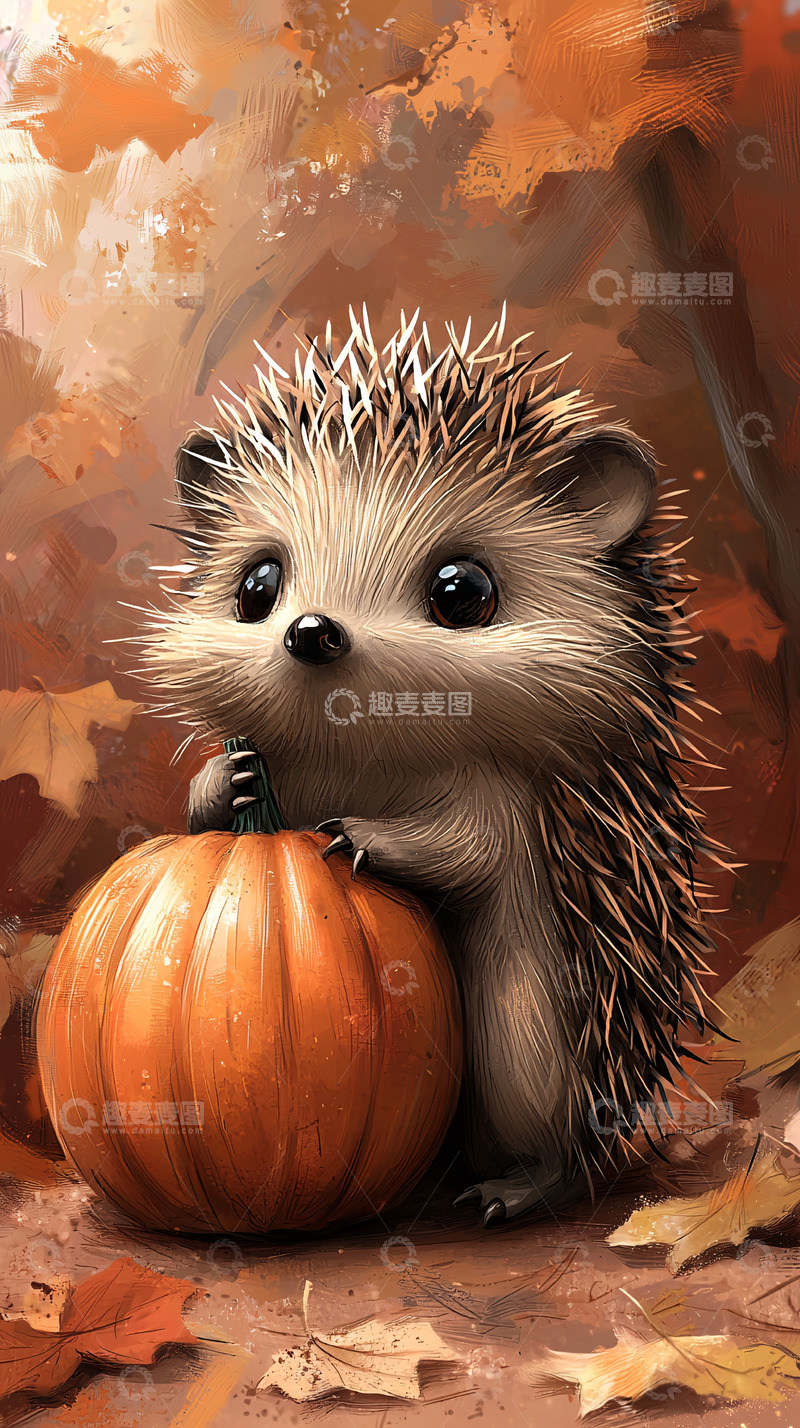 高清大图下载【趣麦麦图】可爱的小刺猬和南瓜