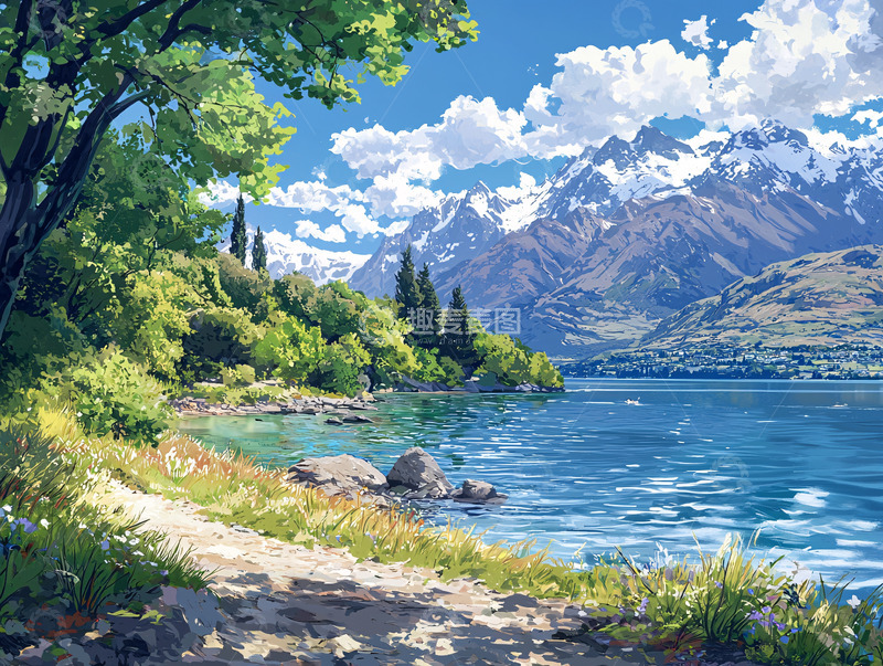 高清大图下载【趣麦麦图】湖边树荫下的雪山风景