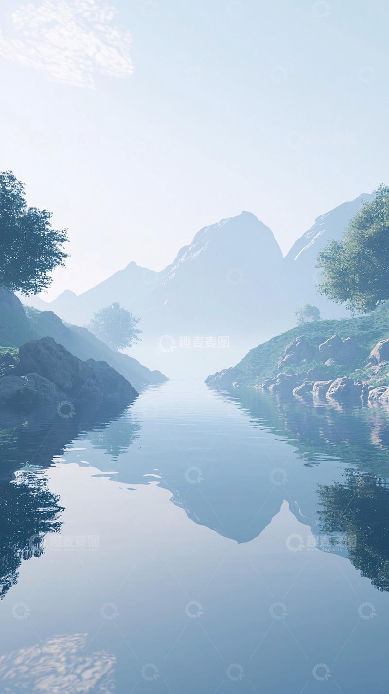 高清大图下载【趣麦麦图】雾气朦胧的山谷河流