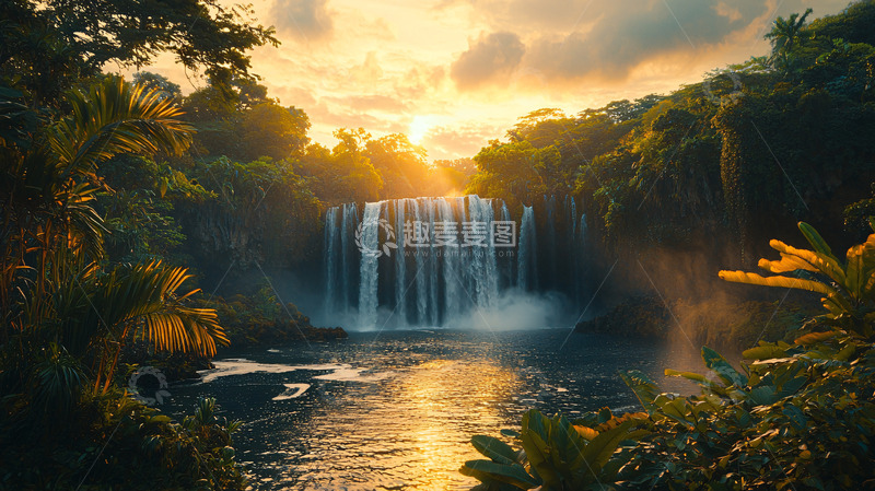 高清大图下载【趣麦麦图】热带雨林瀑布日落