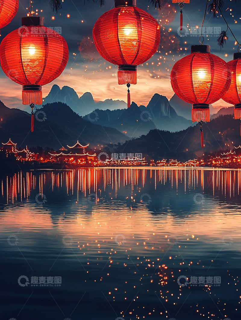 高清大图下载【趣麦麦图】红灯笼倒映山水夜景