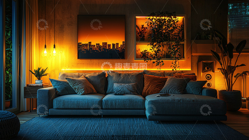 高清大图下载【趣麦麦图】舒适温馨的客厅夜景