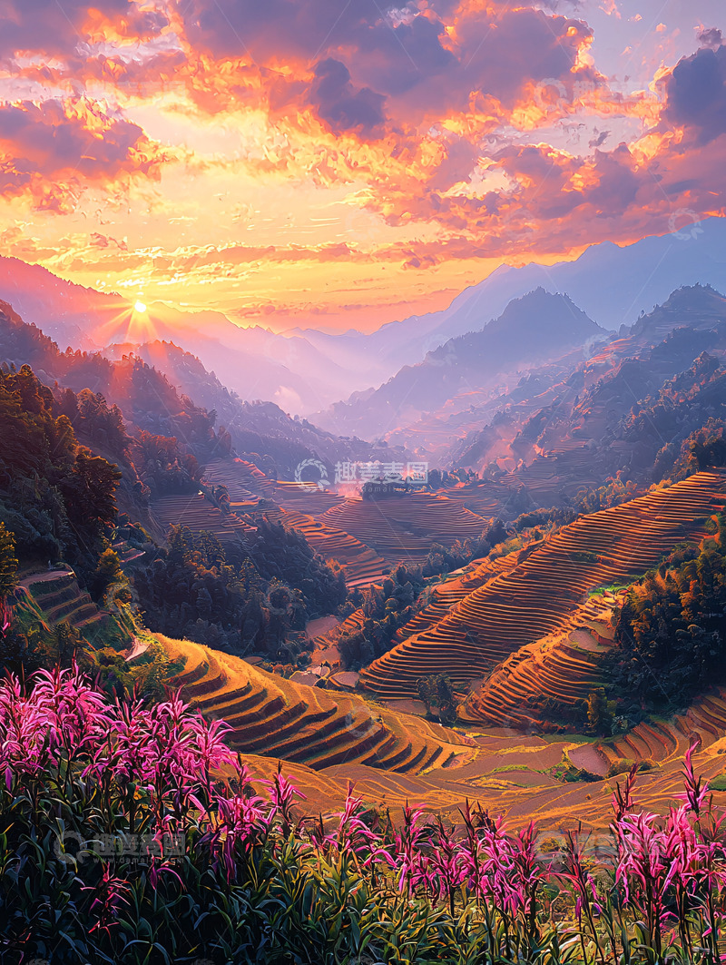 高清大图下载【趣麦麦图】日出山峦梯田美景