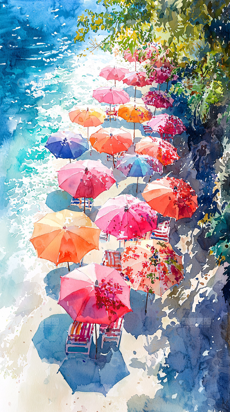 高清大图下载【趣麦麦图】沙滩上的彩色遮阳伞