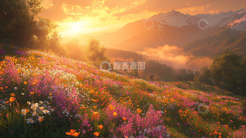 高清大图下载【趣麦麦图】日出山峰鲜花田野