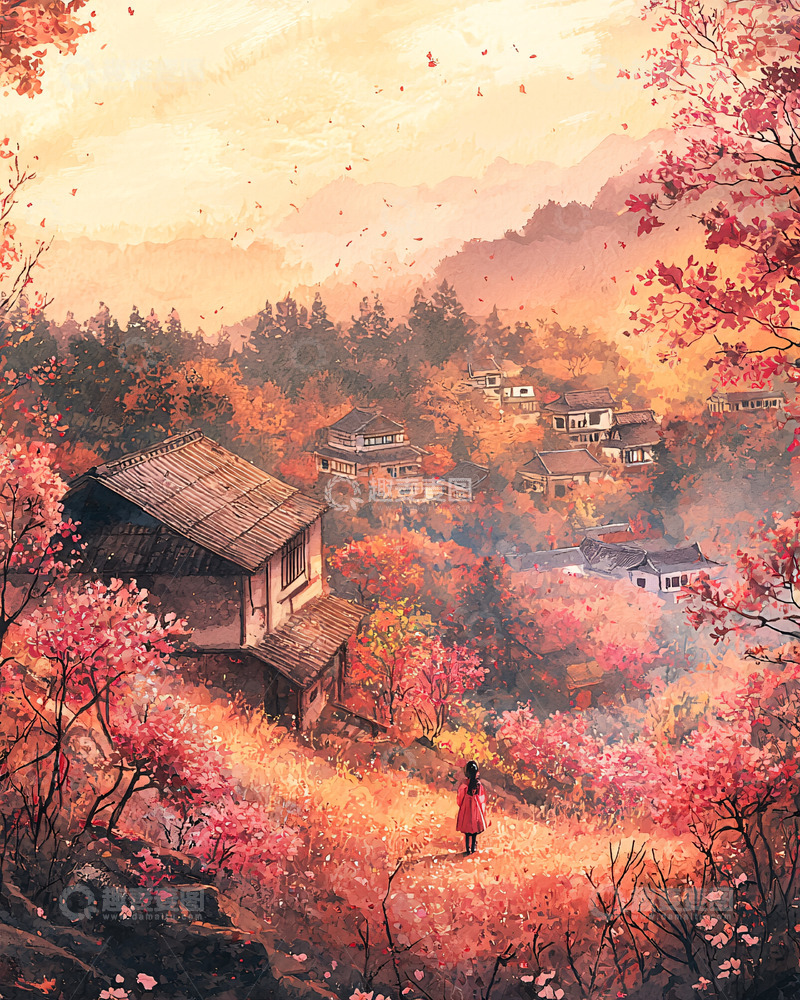 高清大图下载【趣麦麦图】秋日山村女孩远眺