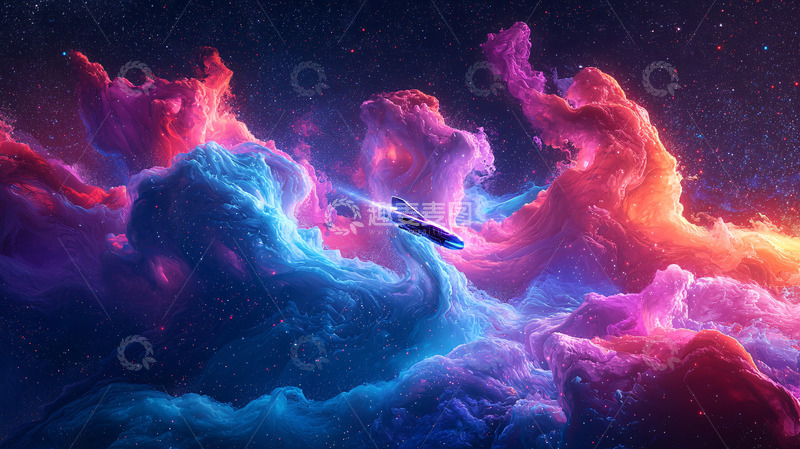 高清大图下载【趣麦麦图】宇宙飞船穿越彩色星云