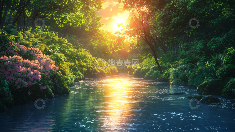 高清大图下载【趣麦麦图】森林小溪日落