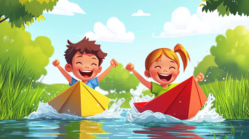 快乐儿童纸船河上玩耍