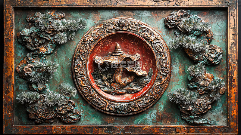 高清大图下载【趣麦麦图】祥云灵芝纹样的青铜浮雕
