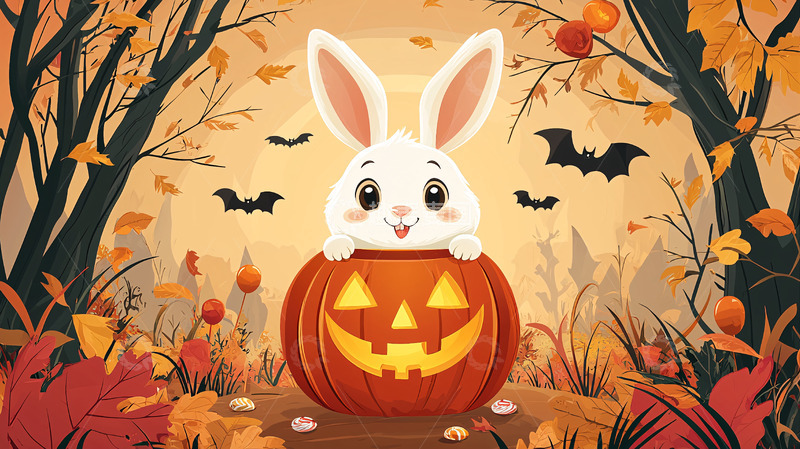 高清大图下载【趣麦麦图】可爱白兔南瓜灯