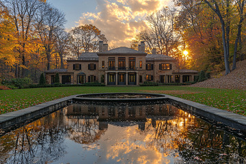 秋日夕阳下的豪宅