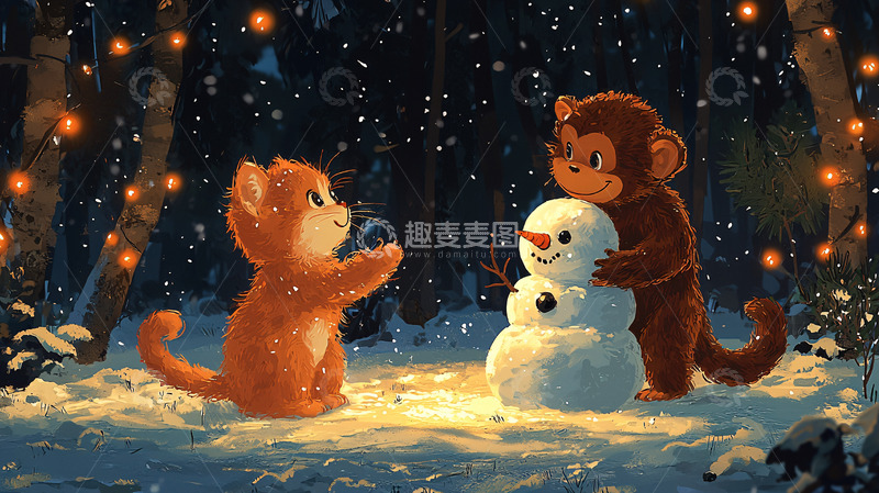 高清大图下载【趣麦麦图】小猫小猴堆雪人