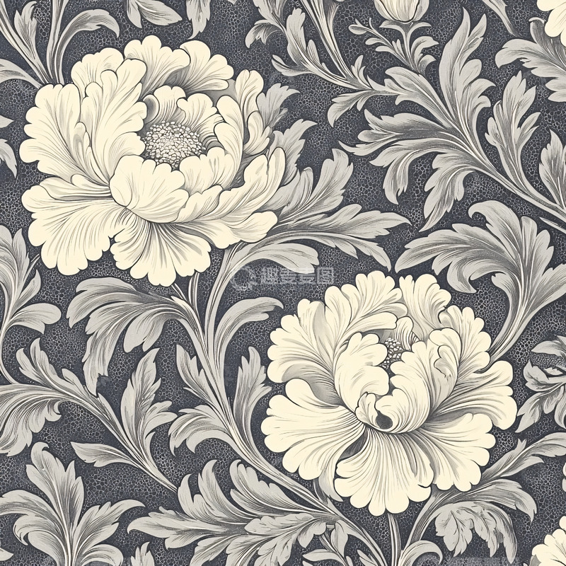 高清大图下载【趣麦麦图】白色花朵与叶子的复古图案