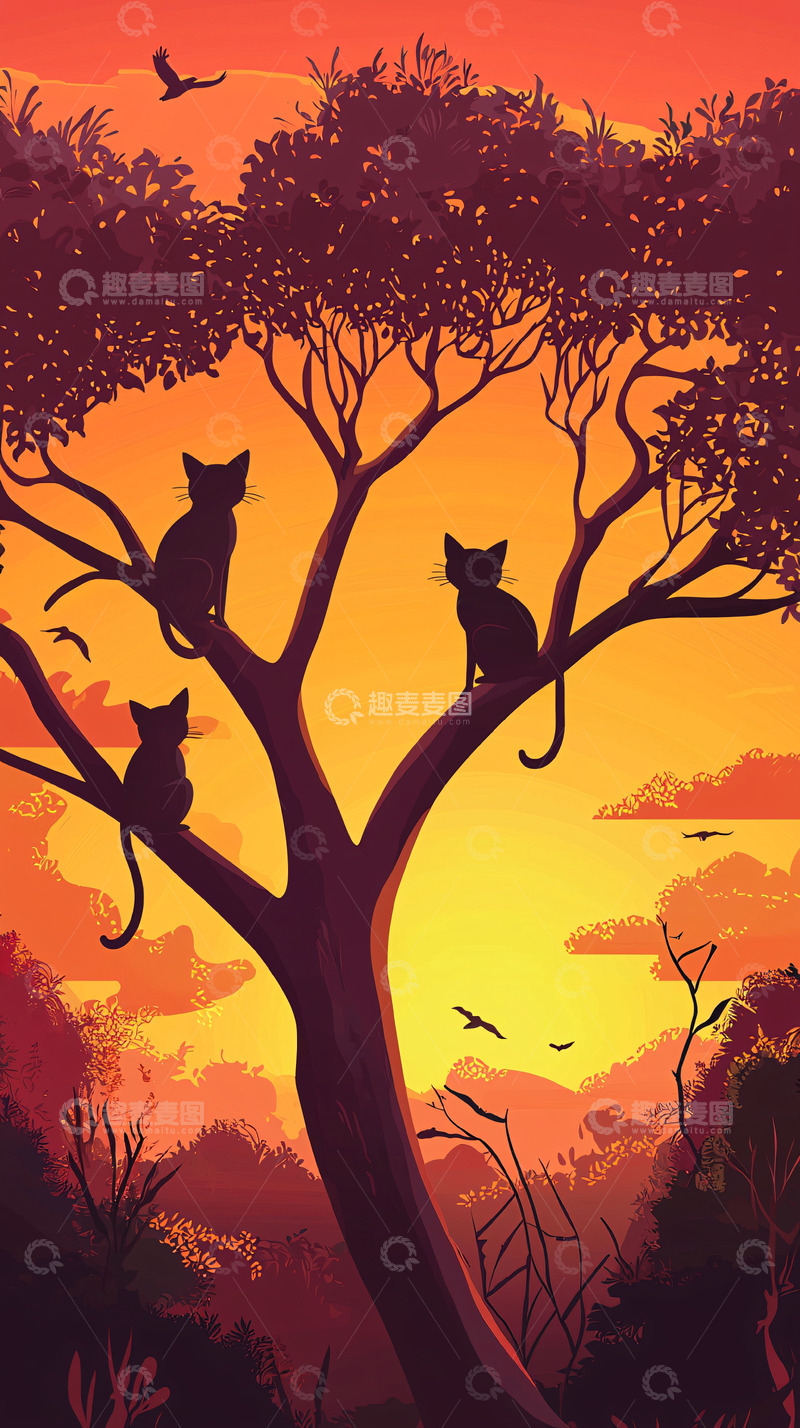 高清大图下载【趣麦麦图】日落剪影黑猫树