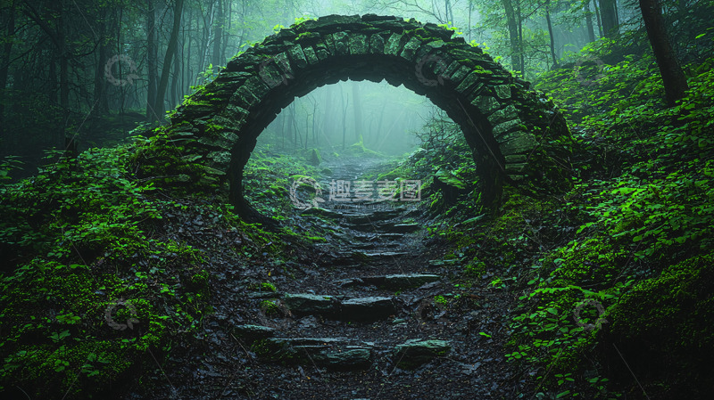 高清大图下载【趣麦麦图】雾气森林石拱门