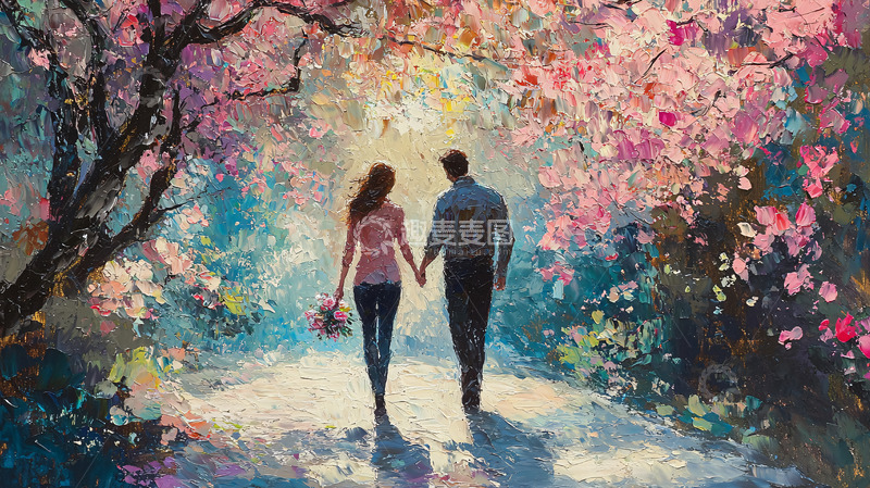 高清大图下载【趣麦麦图】粉色花海情侣漫步